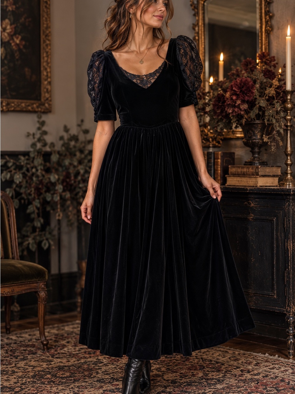 Vintage 90s Laura Ashley Black Velvet Lace Maxi Dress USA 10 Gothic